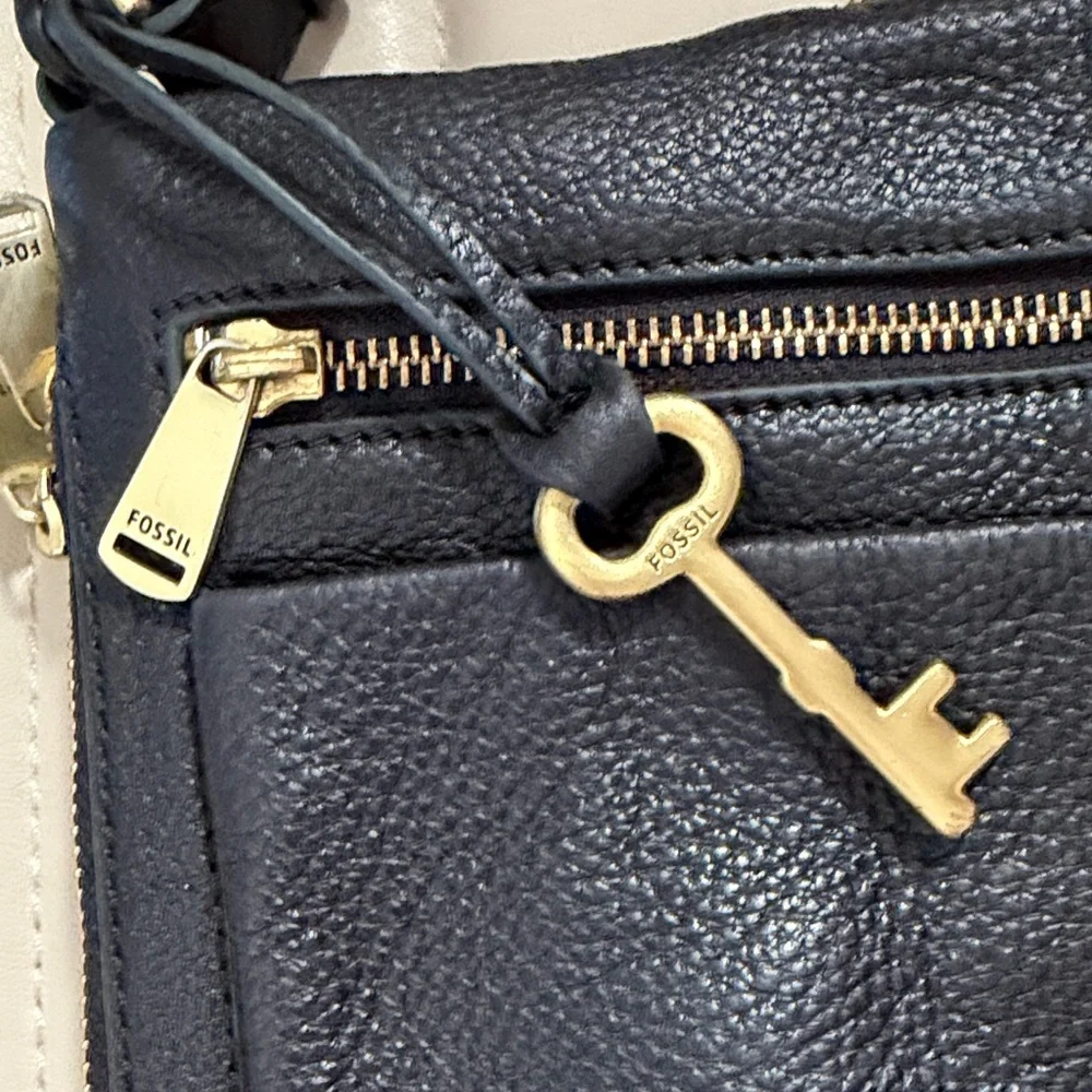 Fossil Black Leather Crossbody with Gold Key Charm Expandable